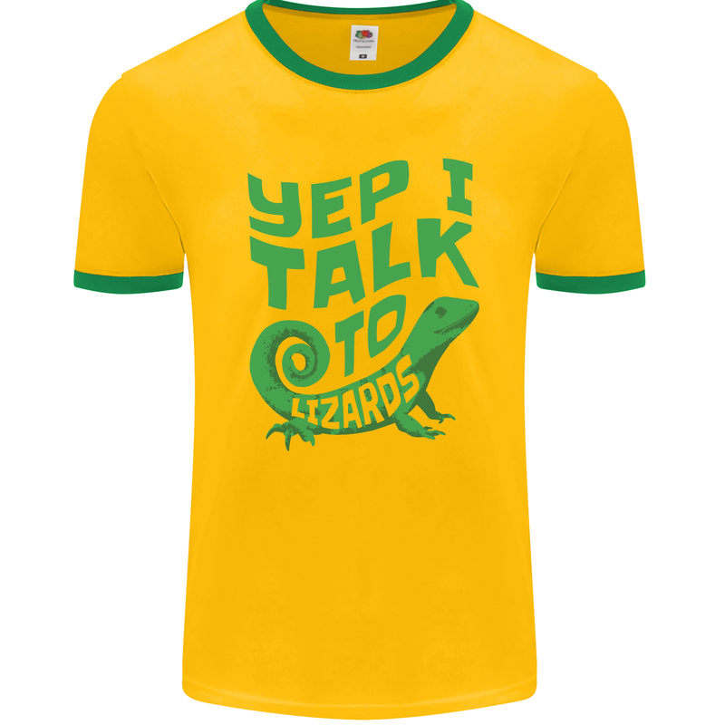 I Talk To Lizards Chameleons Bearded Dragons Mens Ringer T-Shirt FotL Gold/Green