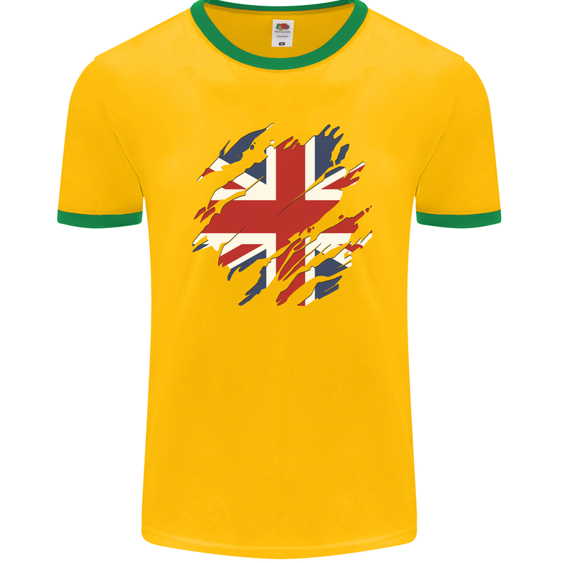 Torn British Flag Union Jack Britain Mens Ringer T-Shirt FotL Gold/Green