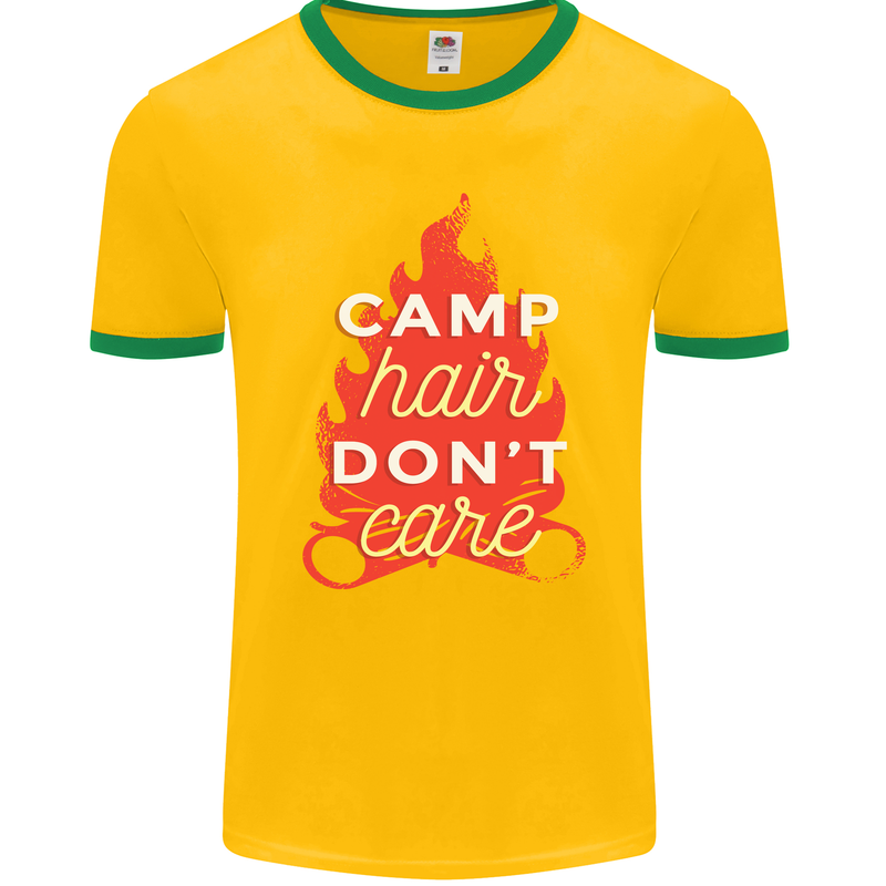 Funny Camping Camp Hair Dont Care Caravan Mens Ringer T-Shirt FotL Gold/Green