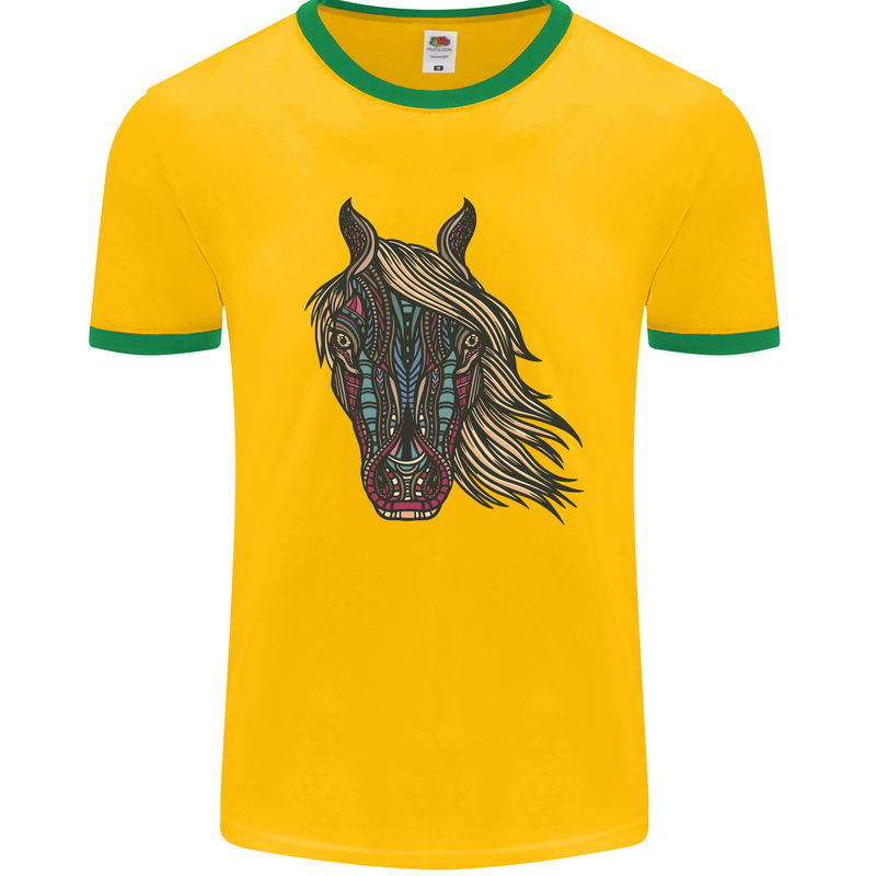 A Tribal Horse Equestrian Mens Ringer T-Shirt Gold/Green