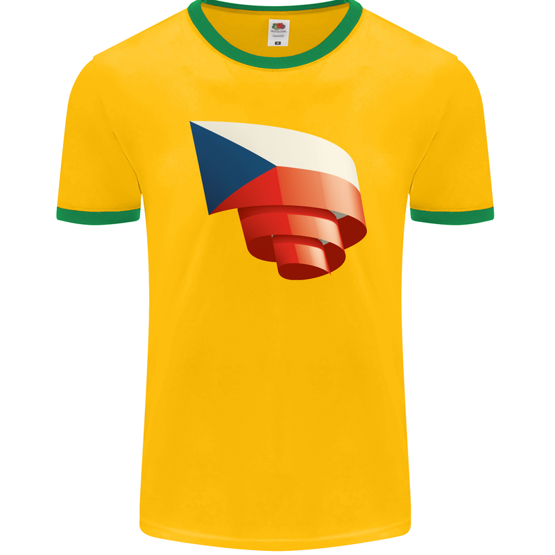 Curled Czechia Flag Czech Republic Day Football Mens Ringer T-Shirt FotL Gold/Green