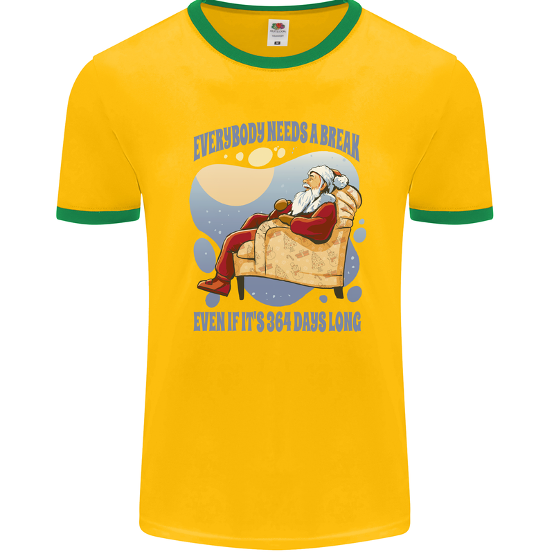 Christmas Santa Claus Needs a Break Xmas Mens Ringer T-Shirt FotL Gold/Green