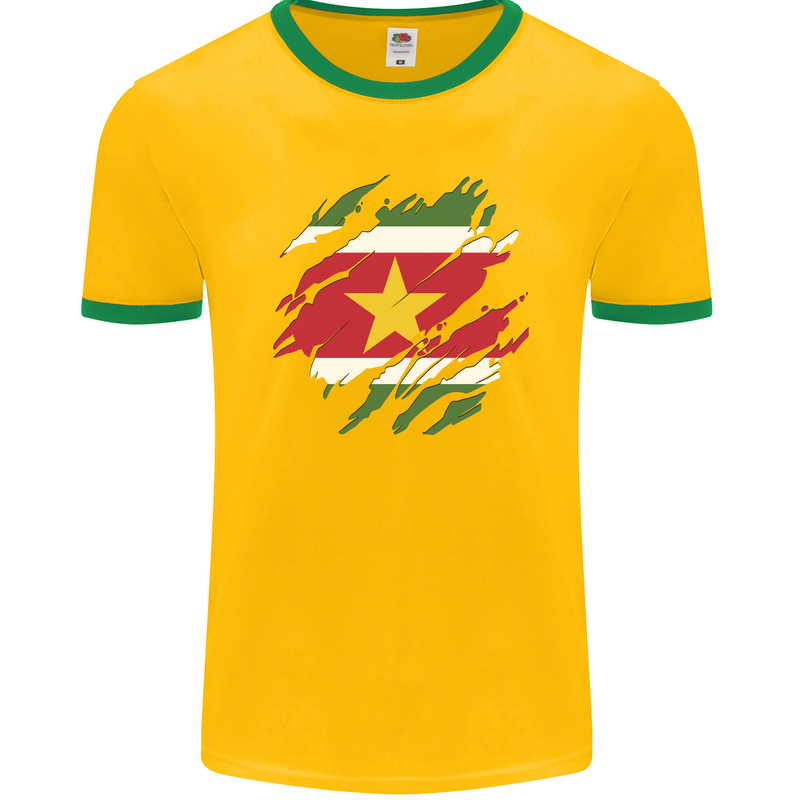 Torn Suriname Flag Suriname Day Football Mens Ringer T-Shirt FotL Gold/Green