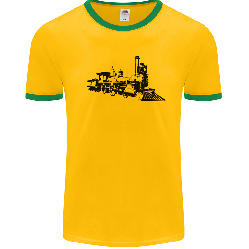 Trains Locomotive Steam Engine Trainspotting Mens Ringer T-Shirt Gold/Green