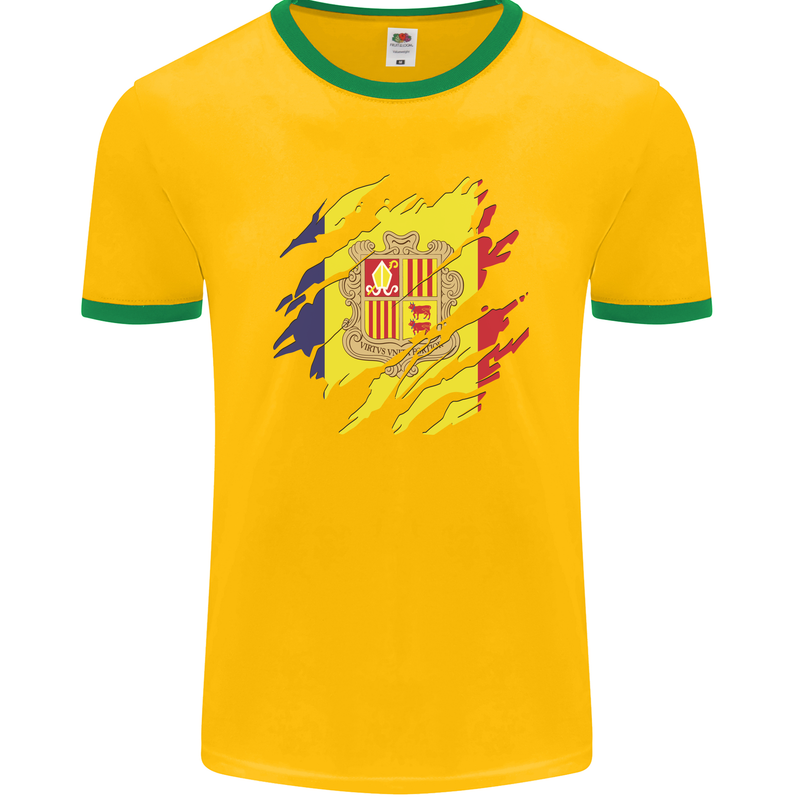 Torn Andorra Flag Andorran Day Football Mens Ringer T-Shirt FotL Gold/Green