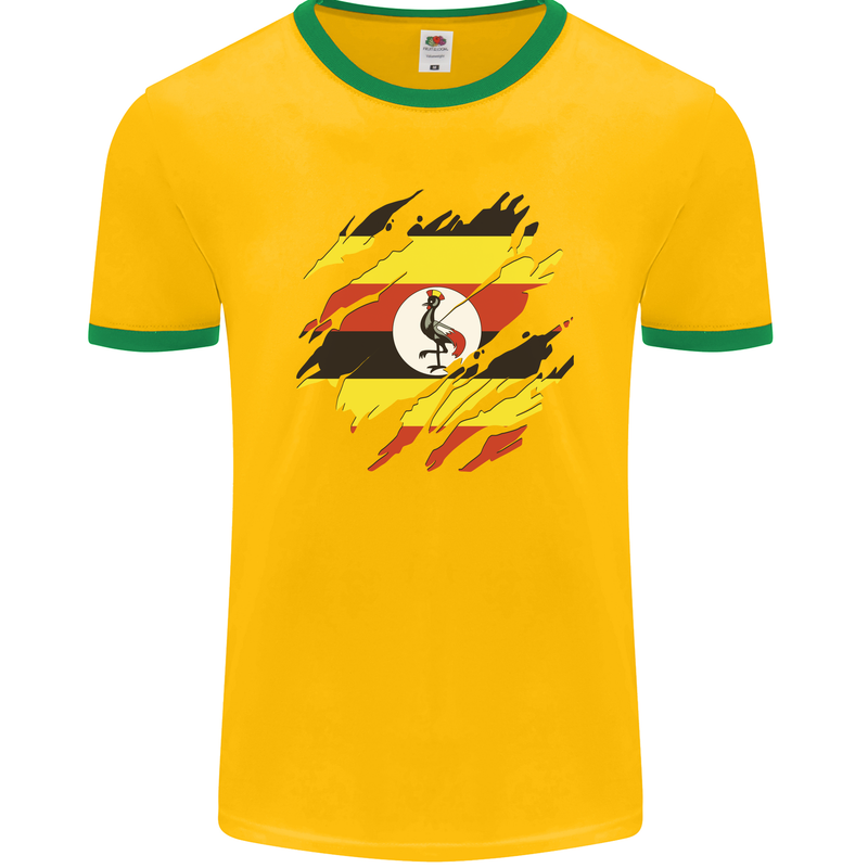 Torn Uganda Flag Ugandan Day Football Mens Ringer T-Shirt FotL Gold/Green