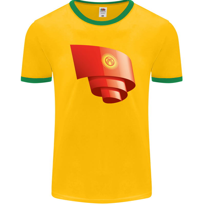 Curled Kyrgyzstan Flag Kyrgyz Day Football Mens Ringer T-Shirt FotL Gold/Green
