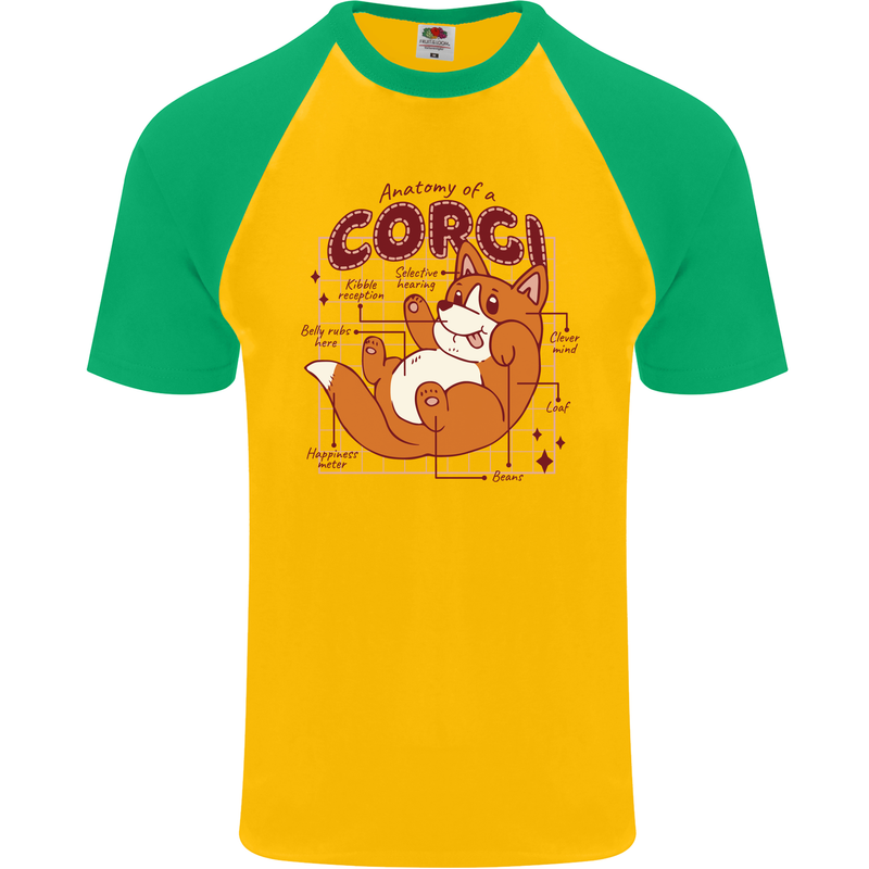 The Anatomy of a Corgi Dog Mens S/S Baseball T-Shirt Gold/Green