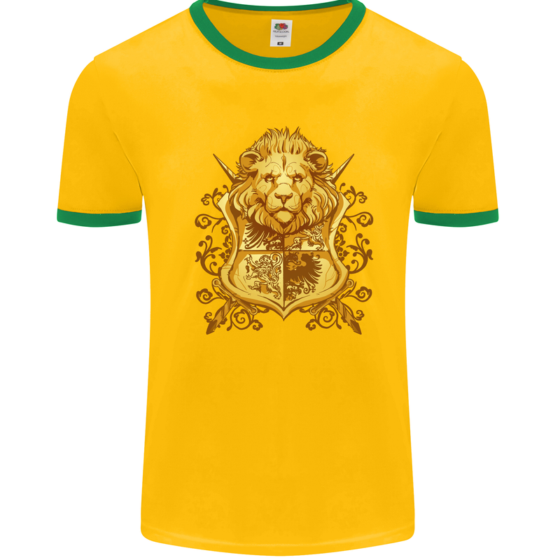 A Heraldic Lion Coat of Arms Shield Mens Ringer T-Shirt Gold/Green