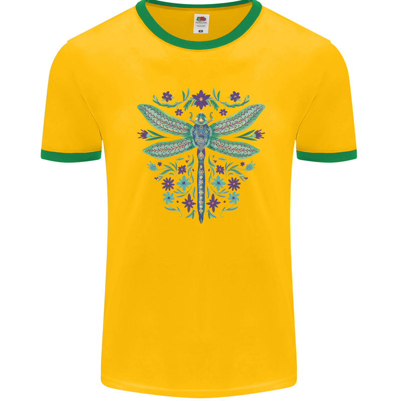 A Floral Dragonfly Mens Ringer T-Shirt FotL Gold/Green