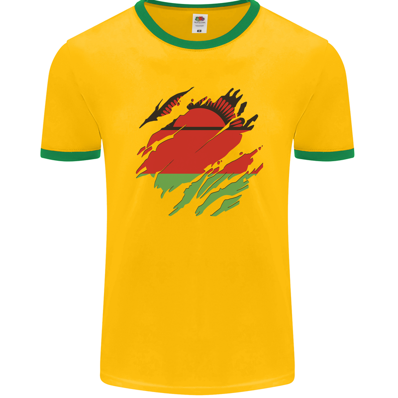 Torn Malawi Flag Malawian Day Football Mens Ringer T-Shirt FotL Gold/Green