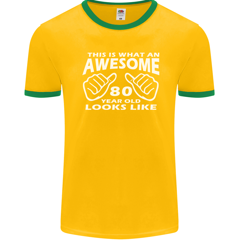 80th Birthday 80 Year Old This Is What Mens Ringer T-Shirt FotL Gold/Green