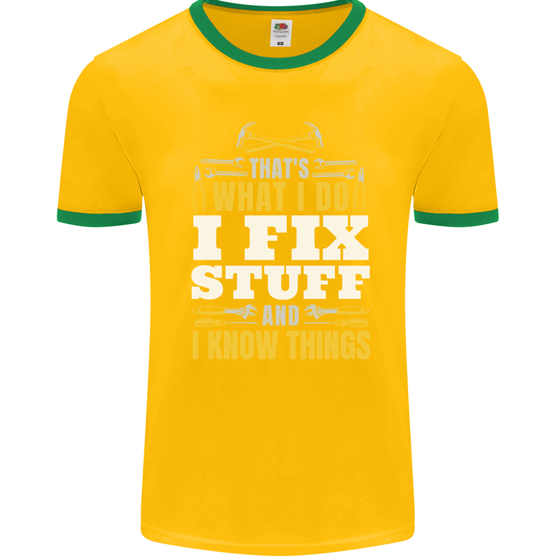 I Fix Stuff Funny Electrician Sparky Mechanic Mens Ringer T-Shirt FotL Gold/Green