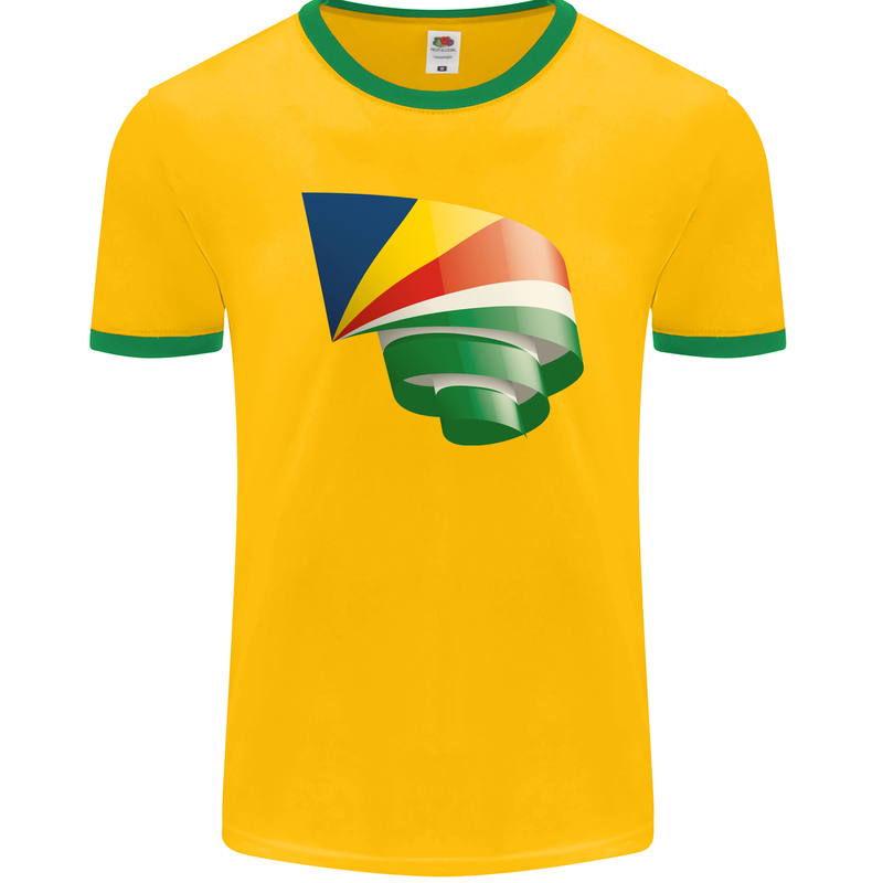 Curled Seychelles Flag Seychellois Day Football Mens Ringer T-Shirt FotL Gold/Green