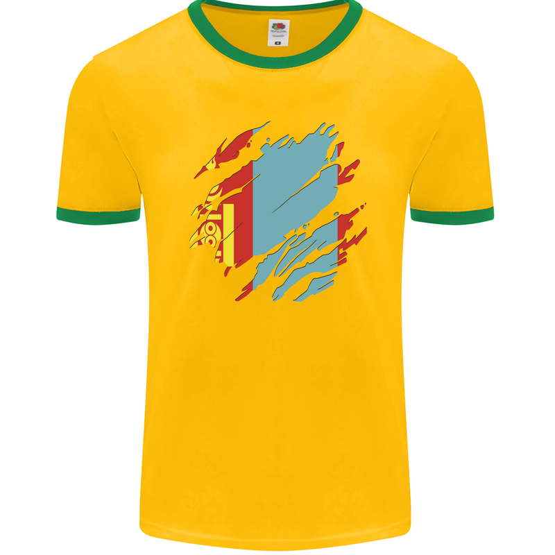 Torn Mongolia Flag Mongolian Day Football Mens Ringer T-Shirt FotL Gold/Green