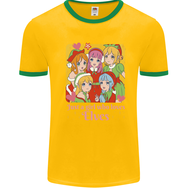 Anime A Girl Who Loves Elves Christmas Xmas Mens Ringer T-Shirt Gold/Green