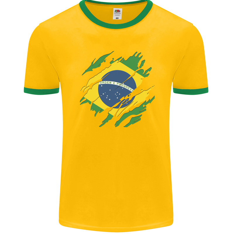 Torn Brazil Flag Brazilian Day Football Mens Ringer T-Shirt FotL Gold/Green