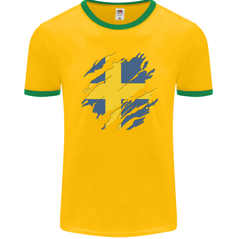 Torn Swedish Flag Sweden Day Football Mens Ringer T-Shirt FotL Gold/Green