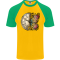 Butterfly Clock Mens S/S Baseball T-Shirt Gold/Green
