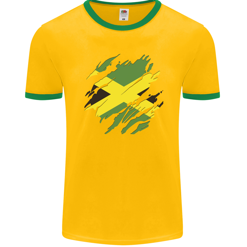 Torn Jamaican Flag Jamaica Day Football Mens Ringer T-Shirt FotL Gold/Green