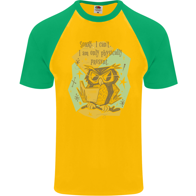 Funny Book Reading Owl Bookworm Books Mens S/S Baseball T-Shirt Gold/Green