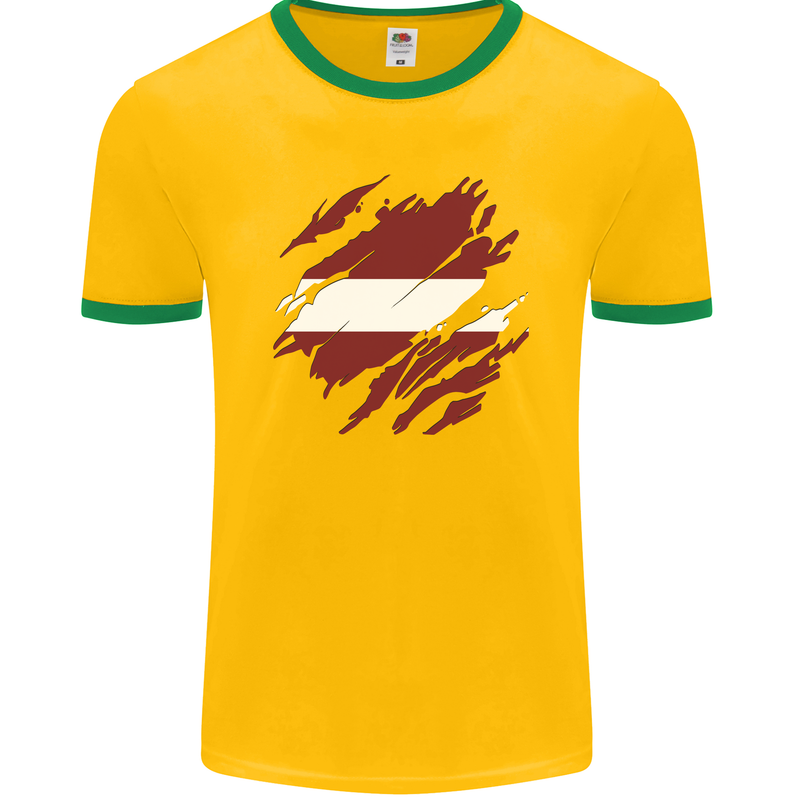 Torn Latvia Flag Latvian Day Football Mens Ringer T-Shirt FotL Gold/Green