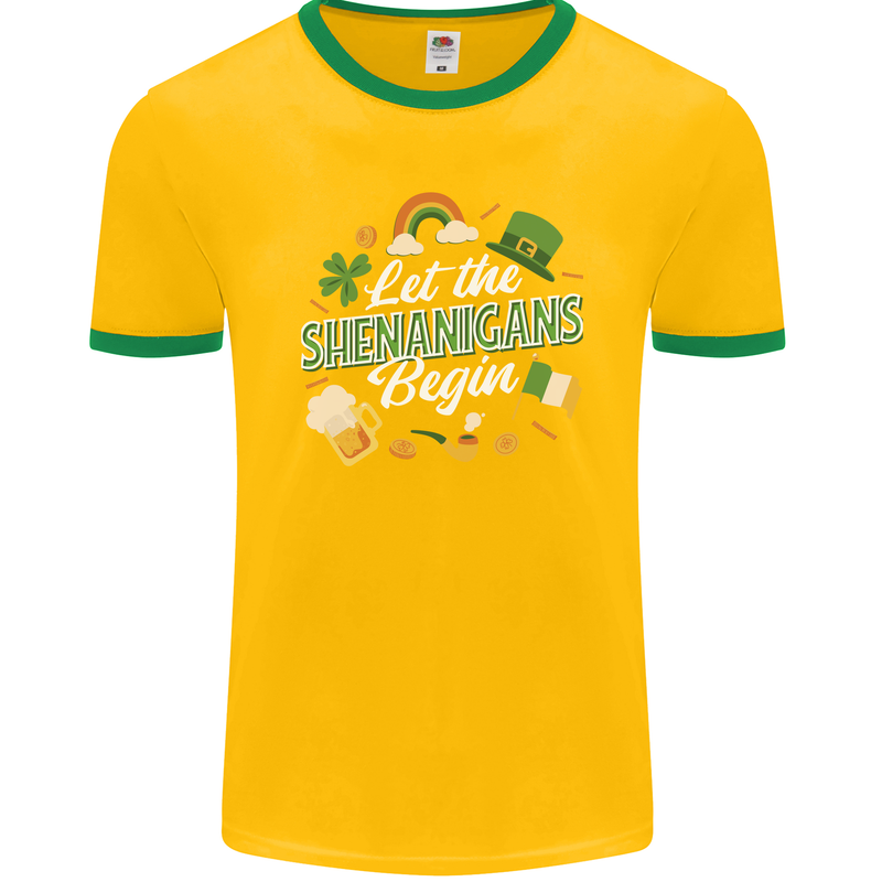 St Patricks Day Let the Shenanigans Begin Mens Ringer T-Shirt FotL Gold/Green