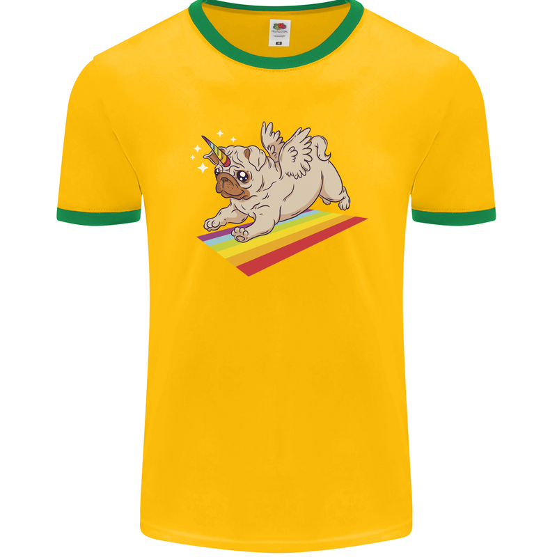 A Unicorn Pug Dog Mens Ringer T-Shirt FotL Gold/Green