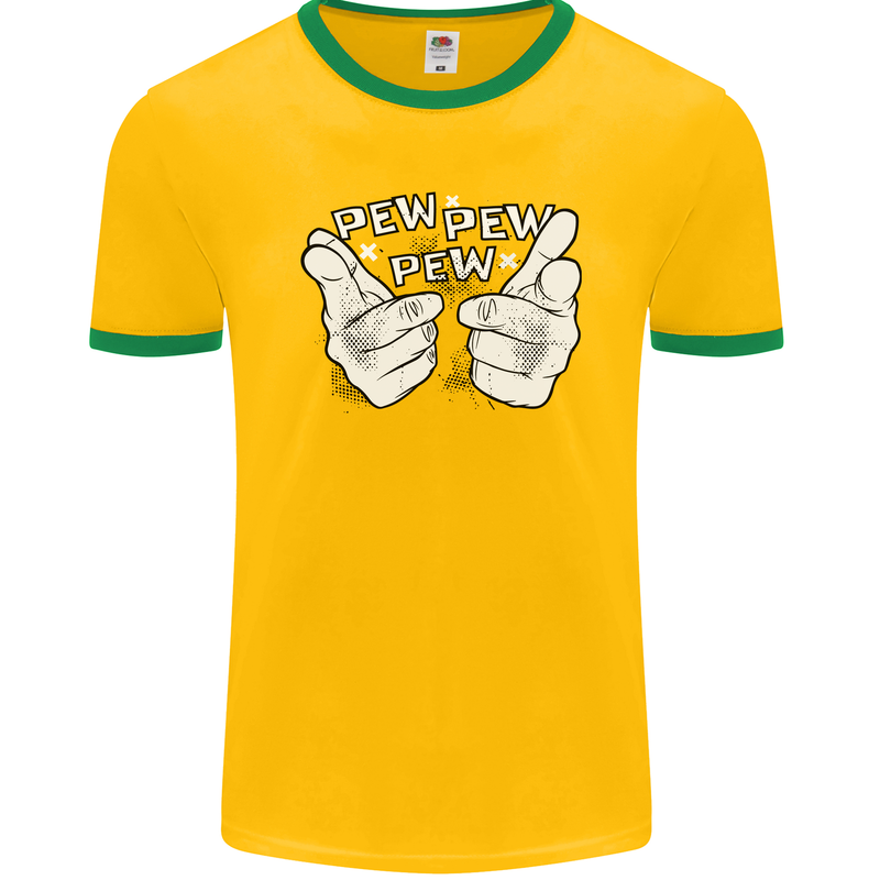 Pew Pew Pew Hands Funny Sci-Fi Lightsaber Mens Ringer T-Shirt FotL Gold/Green