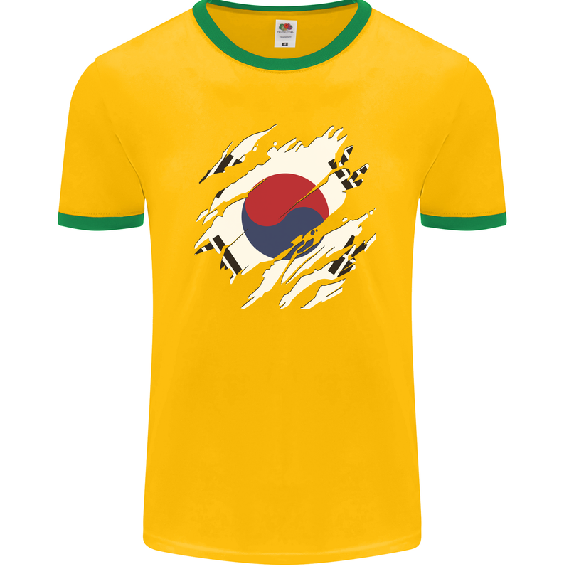 Torn South Korea Flag Korean Day Football Mens Ringer T-Shirt FotL Gold/Green