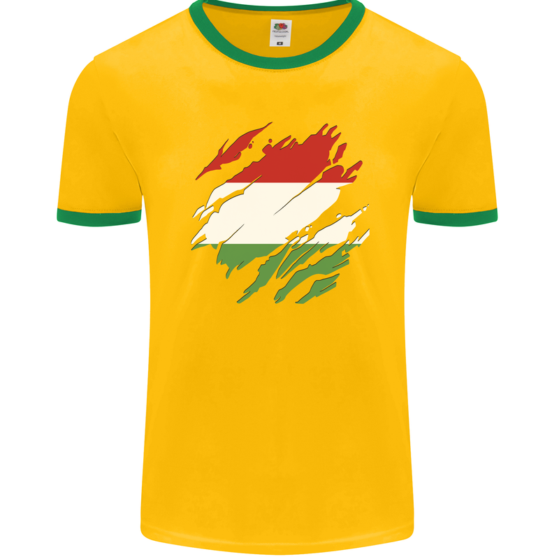 Torn Hungary Flag Hungarian Day Football Mens Ringer T-Shirt FotL Gold/Green