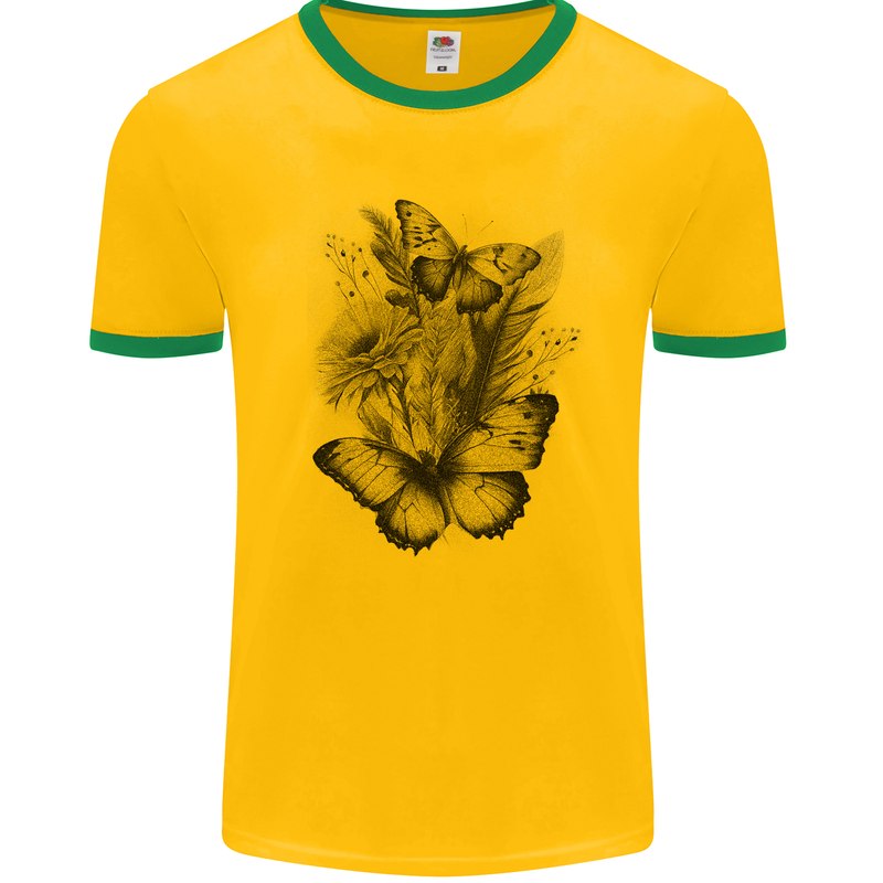 Butterflies & Flowers in the Wild Nature Mens Ringer T-Shirt Gold/Green