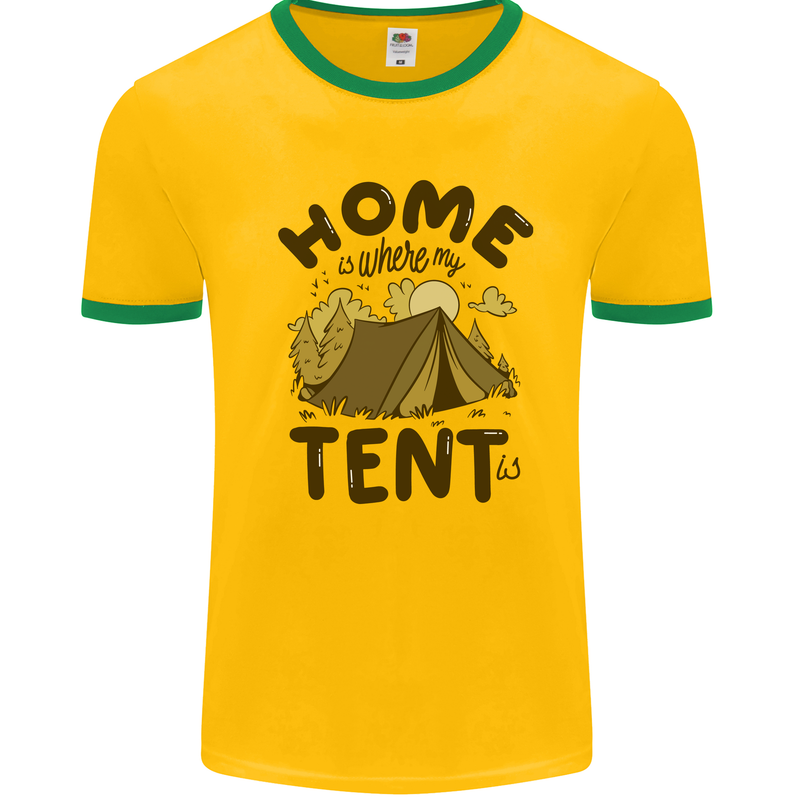 Home is Where My Tent is Funny Camping Mens Ringer T-Shirt Gold/Green