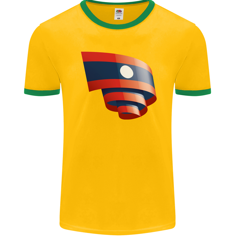 Curled Laos Flag Laotian Day Football Mens Ringer T-Shirt FotL Gold/Green