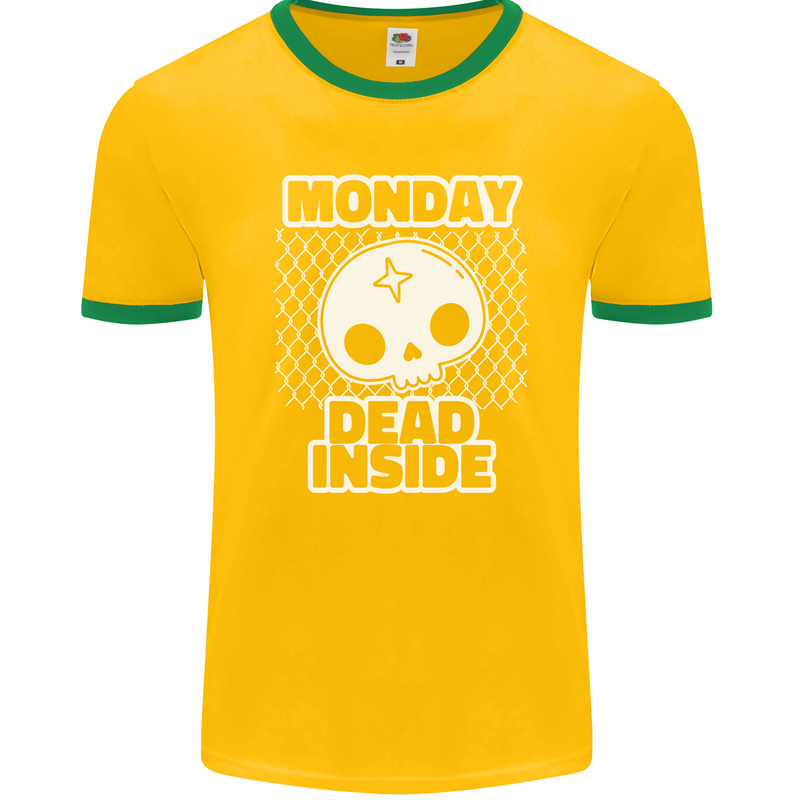 Monday Dead Inside Work Skull Mens Ringer T-Shirt FotL Gold/Green