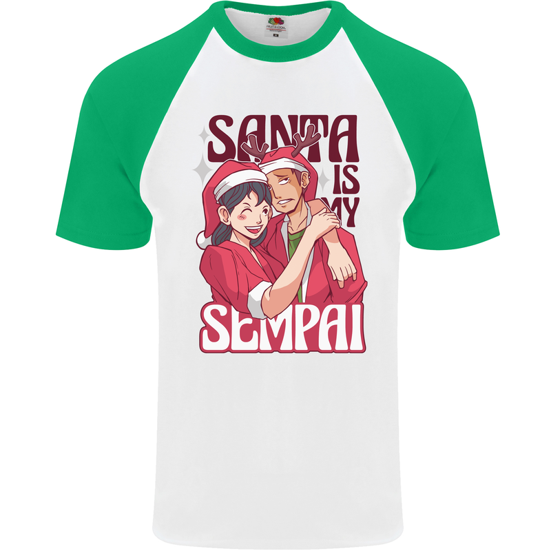 Santa is My Sempai Funny Anime Christmas Xmas Mens S/S Baseball T-Shirt White/Green