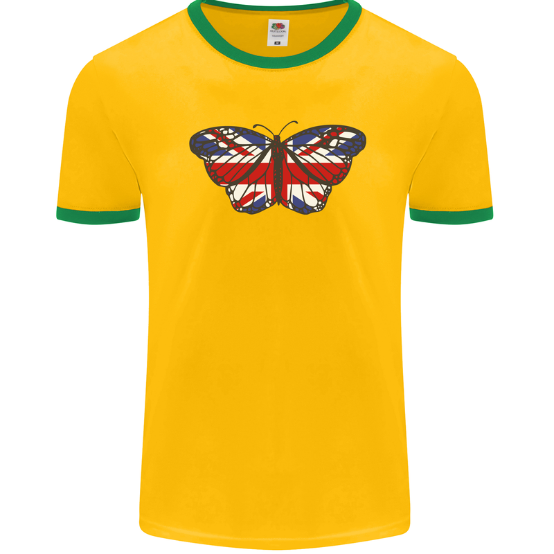 Union Jack Butterfly British Britain Flag Mens Ringer T-Shirt FotL Gold/Green