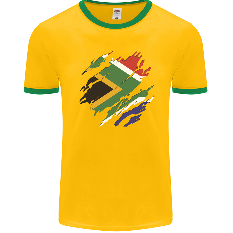 Torn South African Flag Africa Day Football Mens Ringer T-Shirt FotL Gold/Green