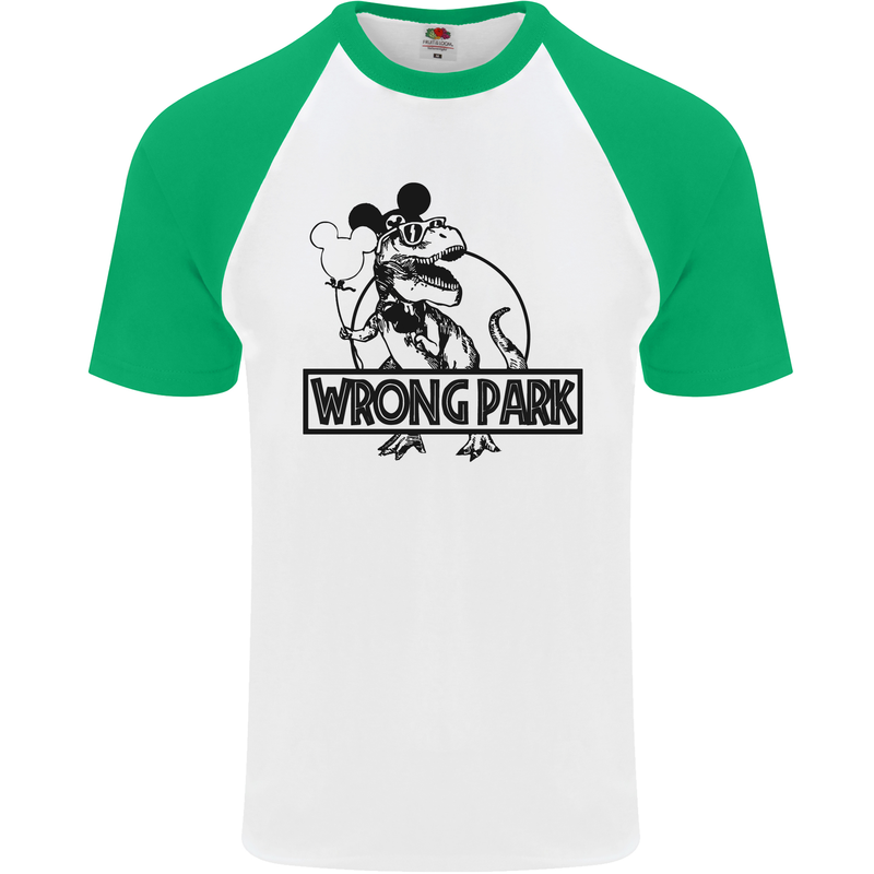 Wrong Park Funny T-Rex Dinosaur Jurrasic Mens S/S Baseball T-Shirt White/Green