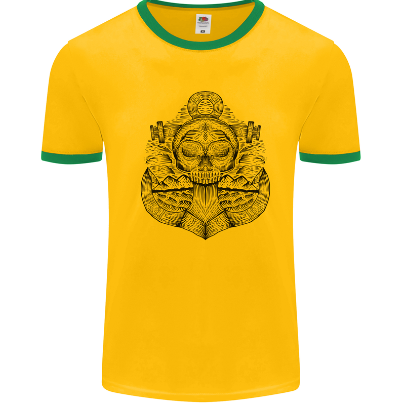 Anchor Skull Sailor Sailing Captain Pirate Ship Mens Ringer T-Shirt Gold/Green