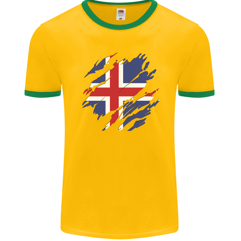 Torn Iceland Flag Icelander Day Football Mens Ringer T-Shirt FotL Gold/Green