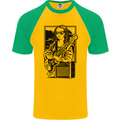 Electric Guitar Mona Lisa Rock Music Player Mens S/S Baseball T-Shirt Gold/Green
