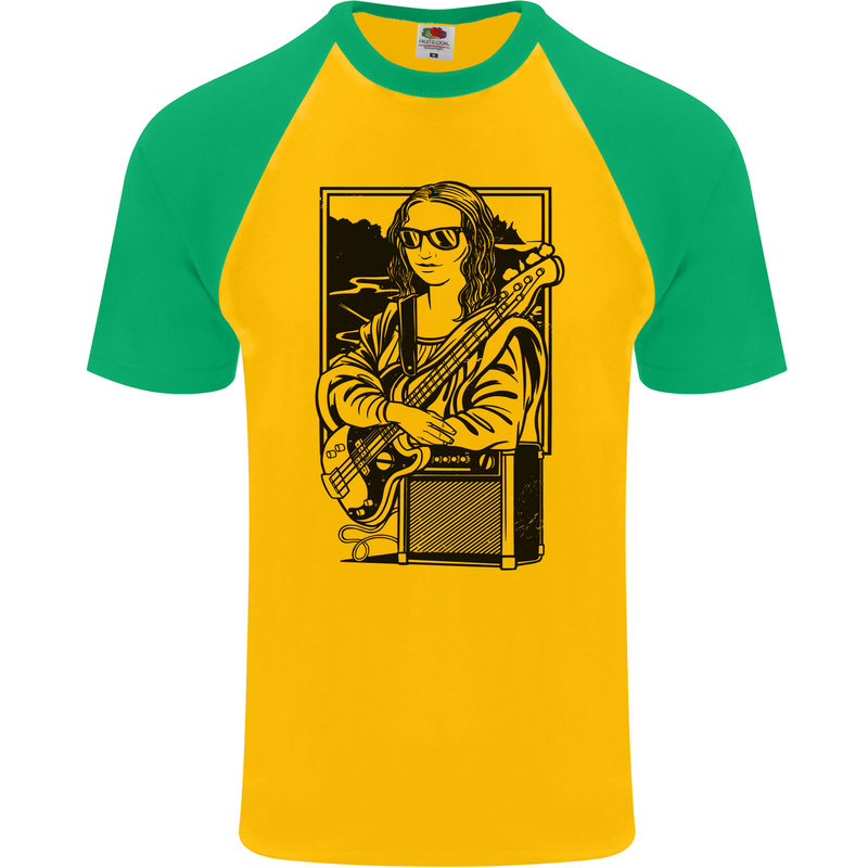 Electric Guitar Mona Lisa Rock Music Player Mens S/S Baseball T-Shirt Gold/Green