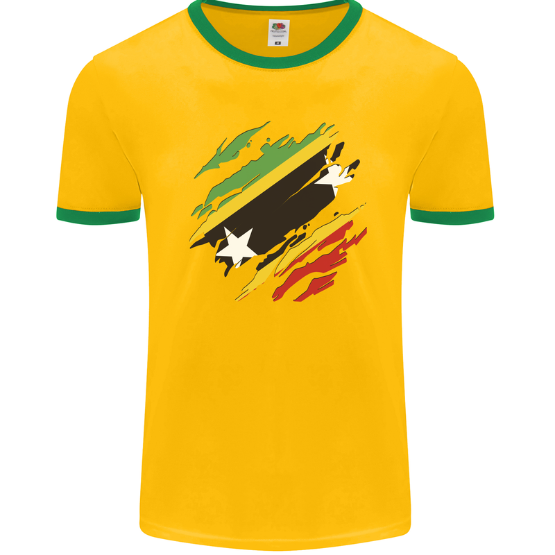 Torn Saint Kitts and Nevis Flag Day Football Mens Ringer T-Shirt FotL Gold/Green