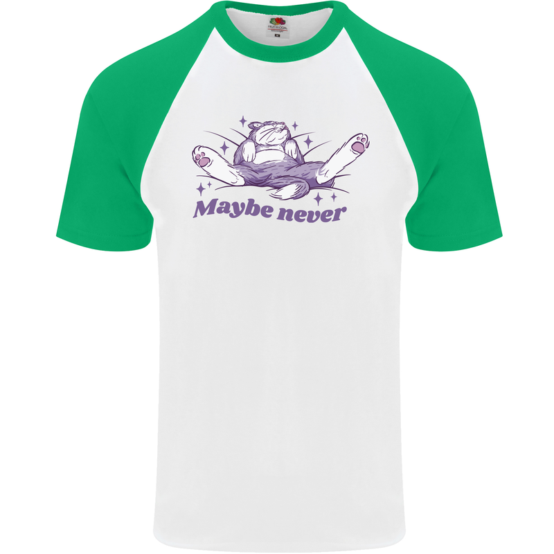 Maybe Never Lazy Cat Sleeping Mens S/S Baseball T-Shirt White/Green