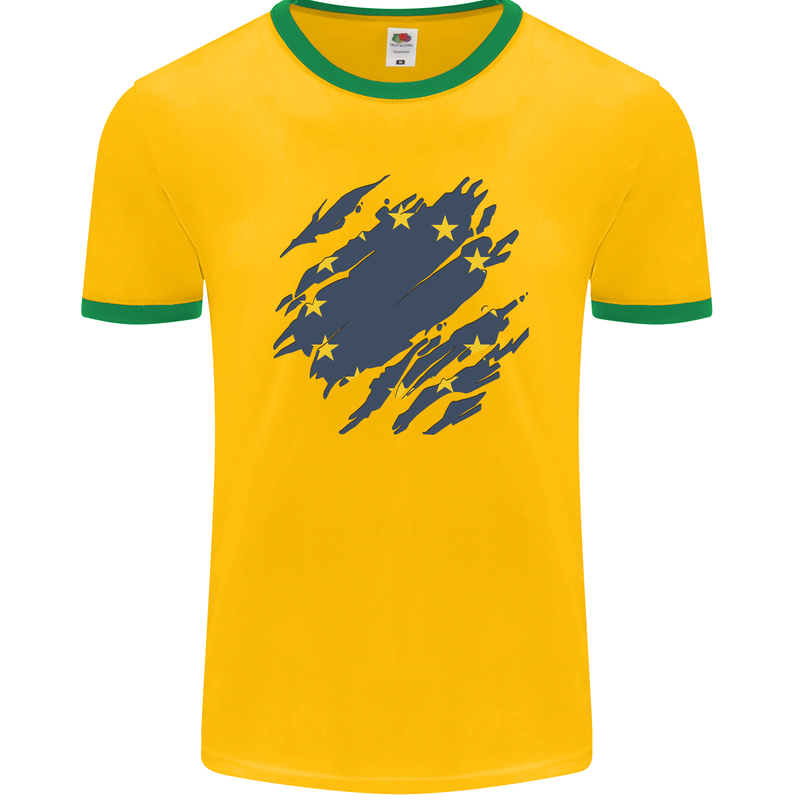 Torn EU Flag European Union Flag Football Mens Ringer T-Shirt FotL Gold/Green