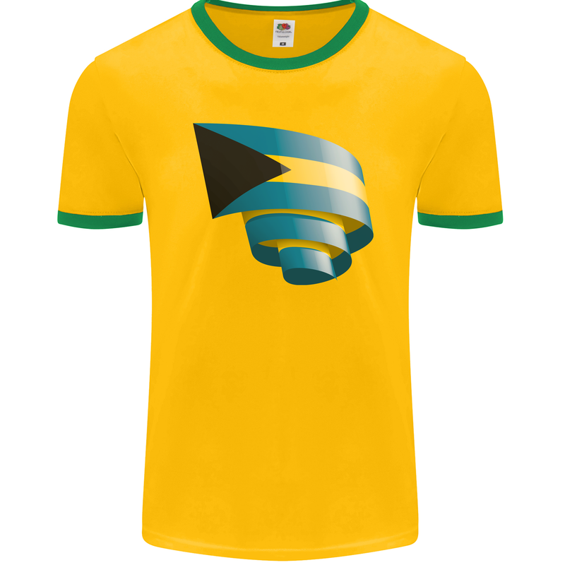 Curled Bahamas Flag Bahamians Day Football Mens Ringer T-Shirt FotL Gold/Green