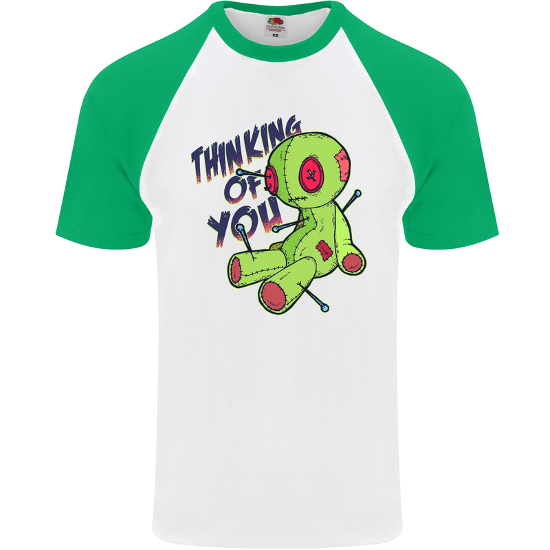 Voodoo Doll Thinking of You Halloween Black Magic Mens S/S Baseball T-Shirt White/Green