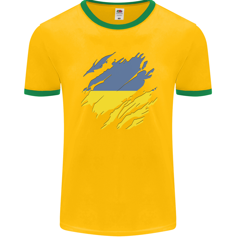 Torn Ukraine Flag Ukrainian Day Football Mens Ringer T-Shirt FotL Gold/Green