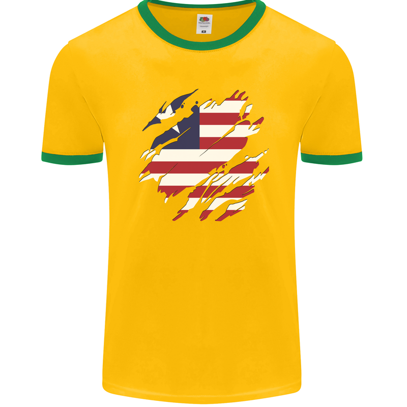 Torn Liberia Flag Liberian Day Football Mens Ringer T-Shirt FotL Gold/Green